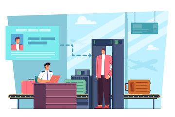 Man at security checkpoint in airport vector illustration. Man using modern technology for scanning passengers faces. Security, control, face recognition concept - obrazy, fototapety, plakaty