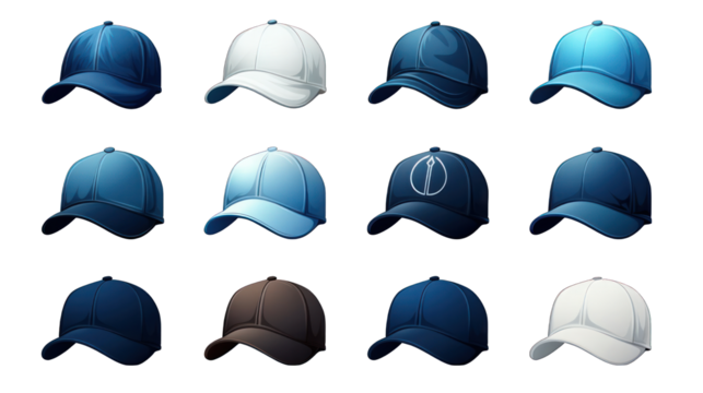 Set of Blue Sports Caps Isolated on Transparent or White Background, PNG