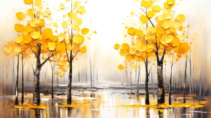 Gordijnen Autumn landscape with yellow birch trees and lake. © Narin