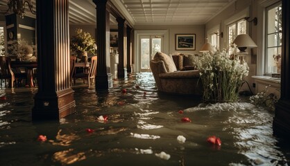 A house submerged in a flood - obrazy, fototapety, plakaty