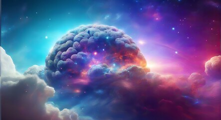 Naklejka na ściany i meble 4K view of brain wallpaper in bright sky galaxy and interplanetary brain thinking and space galaxy cloud.