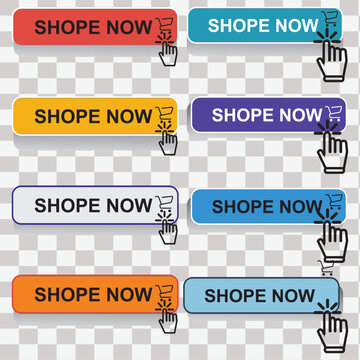 Set of Buy now button with shopping cart. Shop now. Modern collection for web site. Online shopping. Click here, apply, buttons hand pointer clicking. Web design elements. Vector illustration
