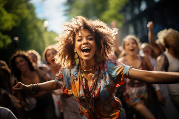 Joyful young woman dancing at a lively street festival, surrounded by a crowd of happy friends. - obrazy, fototapety, plakaty