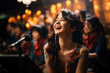 Joyful female singer performing on stage with a microphone, laughing and entertaining an audience in a vibrant night club setting.
