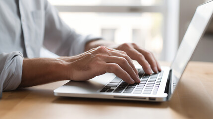 Hands typing on keyboard of modern laptop