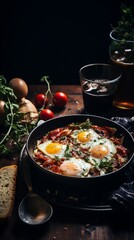 a macro photo of cooked fried eggs with seasoning and herbs on a black frying pan on a wooden table, dark and moody rustic atmosphere, vertical