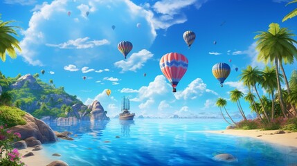 a coastal paradise with palm trees swaying, a hot air balloon in the distance, and a pelican and seagull sharing the vibrant blue sky.