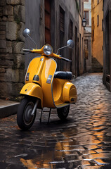 a yellow scooter parked on a stone street