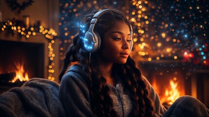 Young woman listening to music on headphones in front of  fireplace on Christmas Eve.Generative AI.