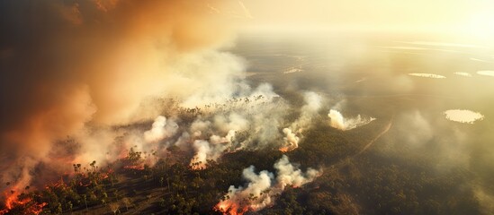 Fototapeta premium Intense wildfire with heavy smoke in Florida's tropical forest seen from above.
