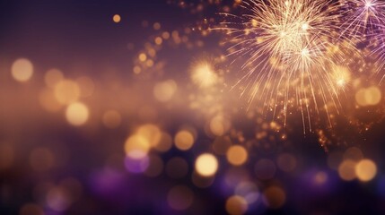 Gold and dark violet Fireworks and bokeh in New Year eve and copy space. Abstract background holiday