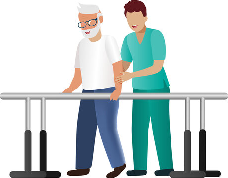 Physiotherapist assist senior man walking on parallel bars to recovery from orthopedic or trauma injury problem. Rehabilitation, physiotherapy concept. 