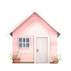 Watercolor of pink cottage, Small house isolated on background.