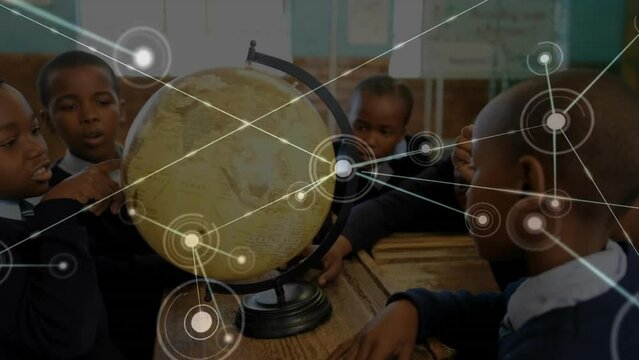 Animation of network of connections and globe over diverse school children