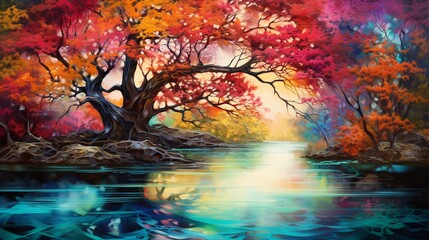 a colorful tree's branches dip into the water, with leaves displaying an array of colors that mirror the peacefulness of the setting.
