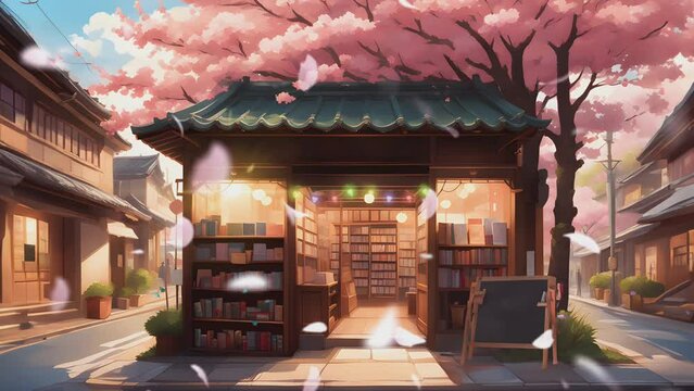 Book store in the city with cherry blossom trees. World Book Day Illustration. Cartoon or Japanese anime painting style. seamless looping 4K virtual video animation background.