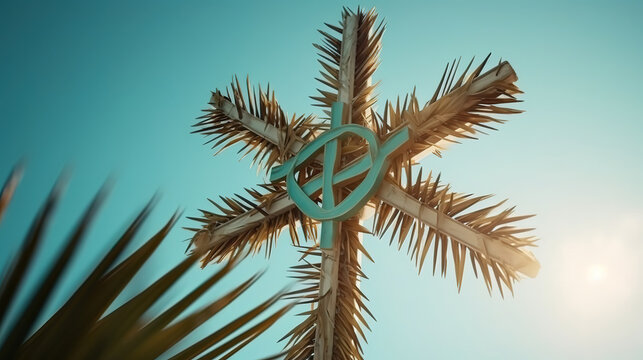 Palm sunday, Human hand holding cross made of palm leaves on black bible . Generative Ai