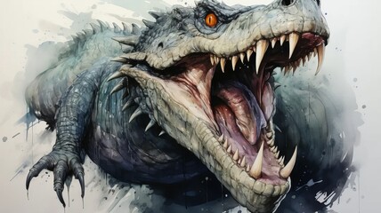 Watercolor illustration of a crocodile with an open mouth - obrazy, fototapety, plakaty