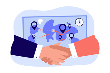 Representatives of airline industry shaking hands vector illustration. Map with destination points and compass on background. New air transport agreements, strengthening tourism market