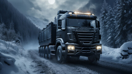 Winter Road Transport: a Truck Navigating Snowy Conditions - obrazy, fototapety, plakaty