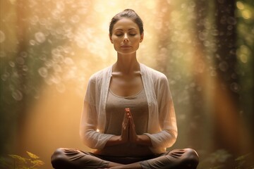 A young woman in white t-shirt and joggers sitting in yoga asana lotus pose meditating in a sunlit forest with green plants and trees. 