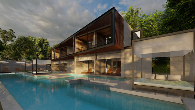 Duplex house swmming pool exterior design 3d rendering interior design