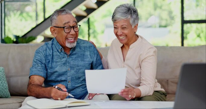 Paperwork, senior couple and excited for financial accounting results, pension income or bank payment discount. Invoice, home or old people smile for credit increase, finance budget or savings profit