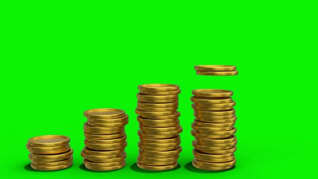 3d gold coin piles growth green screen and overlay animation video with the same duration.