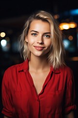 a woman in a red shirt