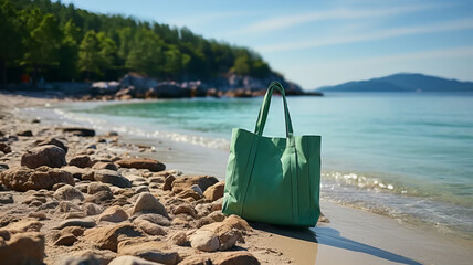 Beach bag on the beach without people