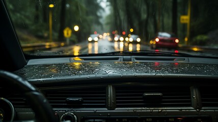 A car windshield during a rainstorm, with raindrops streaking across the glass, creating an immersive and cinematic view of the wet road ahead