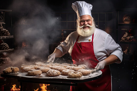 Santa Claus baker in a chef's uniform, cooking Сhristmas cookies - Powered by Adobe