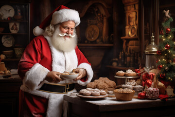 Santa Claus baker in a chef's uniform, cooking Сhristmas cookies