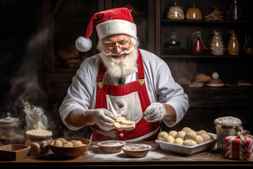 Santa Claus baker in a chef's uniform, cooking Сhristmas cookies