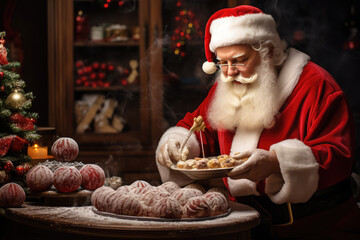 Santa Claus baker in a chef's uniform, cooking Сhristmas cookies