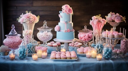 A dessert table adorned with delectable pink and blue confections, a sweet and visually delightful spread for a special occasion.