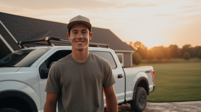 happy male construction worker standing by the 4wd car