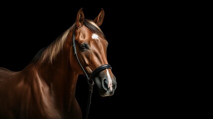 
portrait brown beauty horse with white star in front of black background