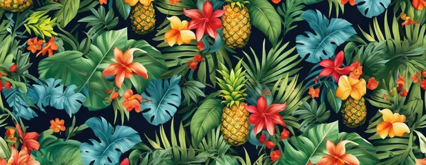 Abwaschbare Fototapete Tropical exotic pattern with animal and flowers in bright colors and lush vegetation. Ai Generative. © Mix and Match Studio