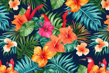 Deurstickers Tropical exotic pattern with animal and flowers in bright colors and lush vegetation. Ai Generative. © Mix and Match Studio