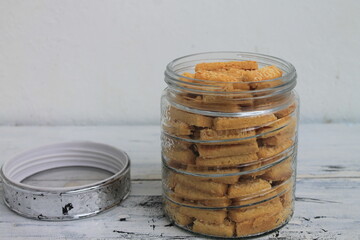 Indonesian snack called kastengel in a jar on the table