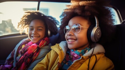 African American Children sit in the back laughing and joking traveling by car - obrazy, fototapety, plakaty