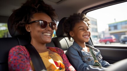 African American parents and child laughing and joking traveling by car