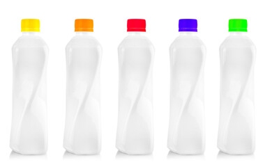 Set of White plastic detergent bottles with colored lid isolated on white background
