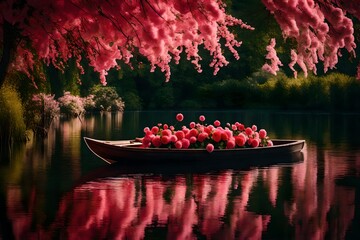 A charming rowboat adorned with red and pink flowers, gently floating on a tranquil lake surrounded...