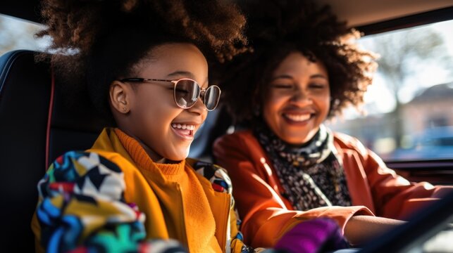 African American Parents And Child Laughing And Joking Traveling By Car