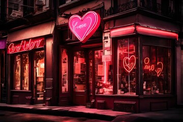 A charming storefront with a red and pink heart-shaped neon sign, creating a romantic glow on a...