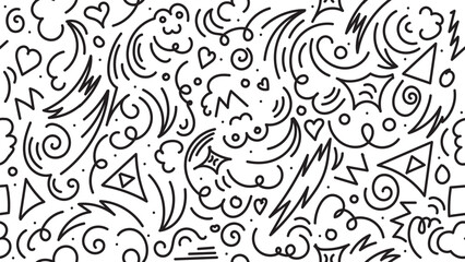 Playful black line doodle seamless pattern. Minimalist and creative art background suitable for children or trendy designs with basic shapes. A simple and whimsical scribble backdrop.