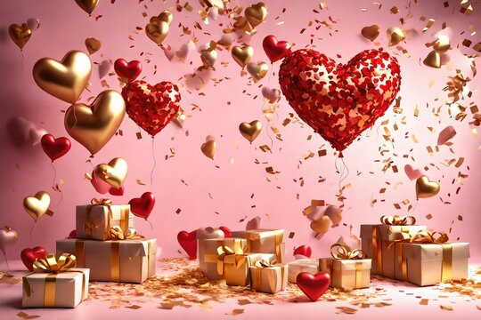 Heart-shaped balloons floating amidst golden confetti, a falling gift box, and XO symbols in a romantic 3D scene.