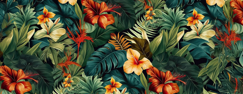 Tropical exotic pattern with animal and flowers in bright colors and lush vegetation. Ai Generative. © Mix and Match Studio